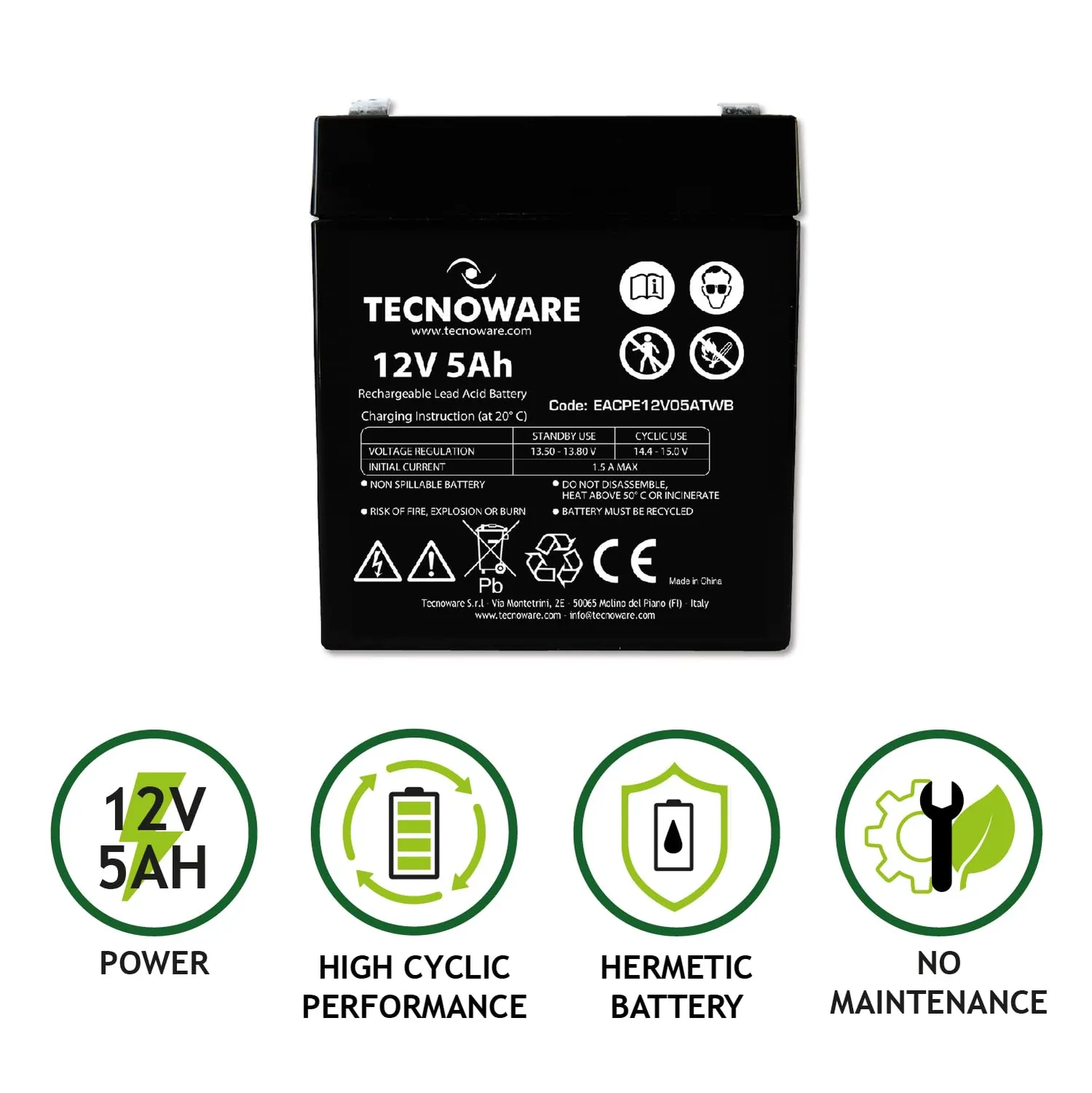 Tecnoware Power Systems Batterie 12 V 5 Ah pour onduleur étanche
