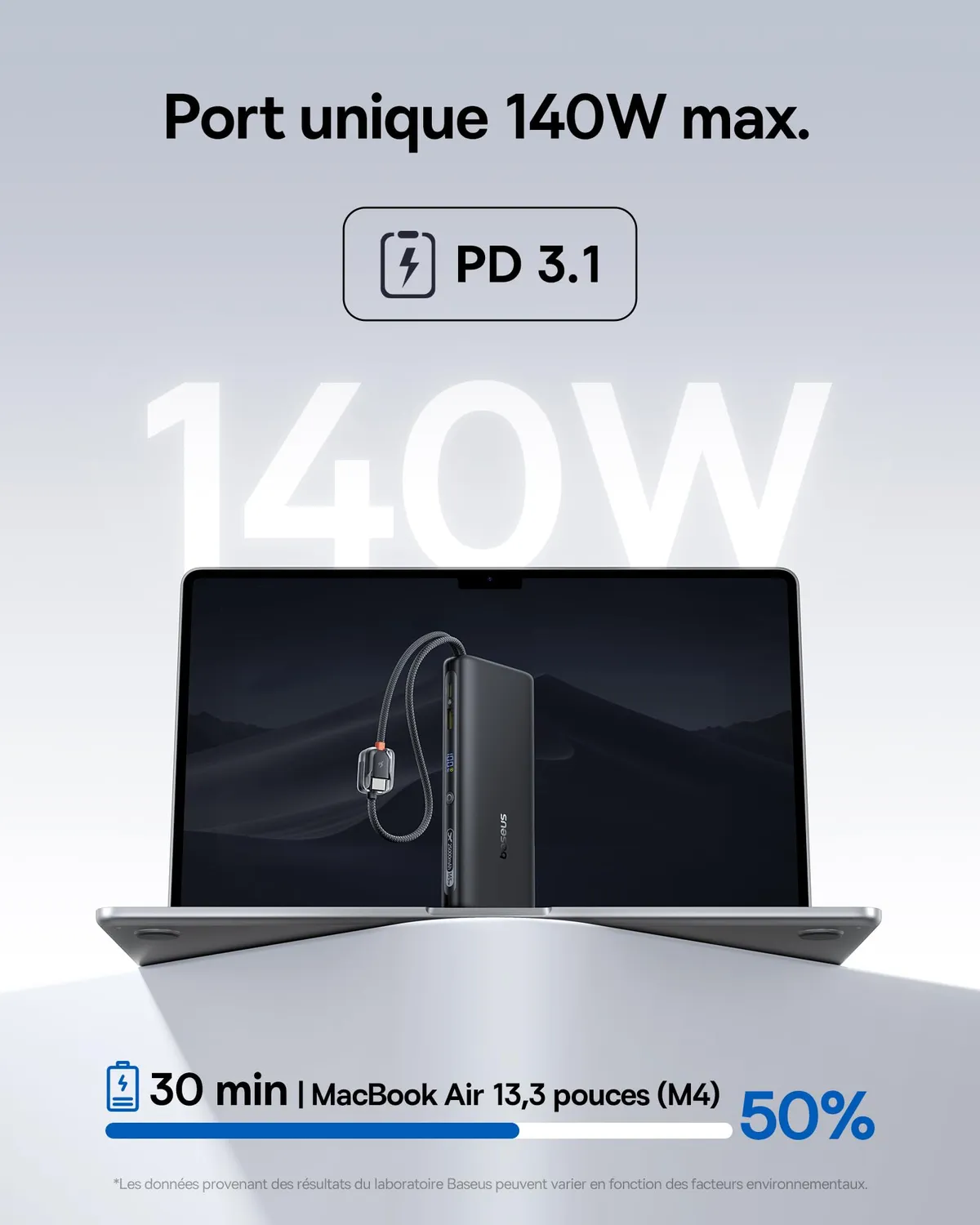Baseus FC41 batterie externe 25 000 mAh 145 W avec câbles USB-C intégrés