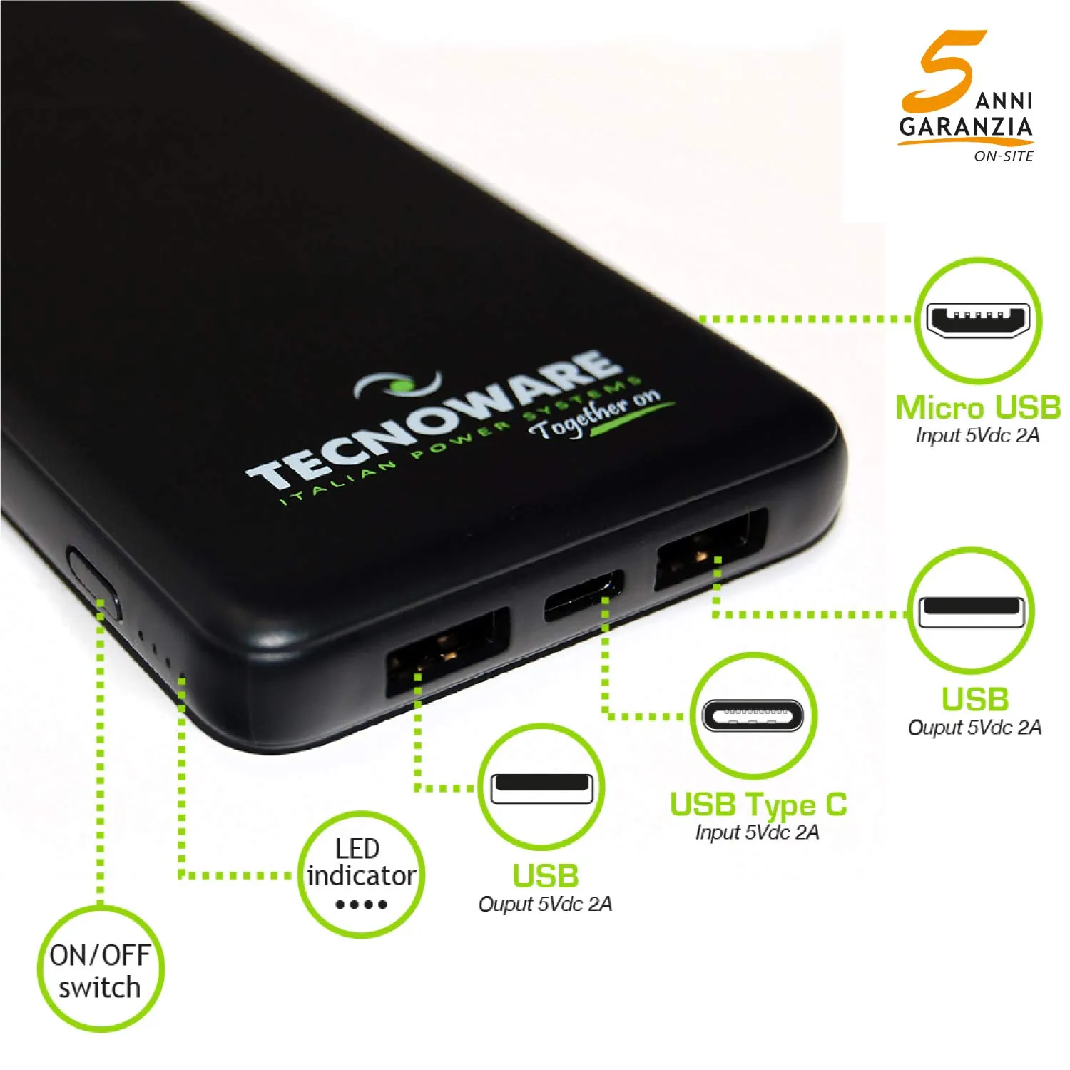 Tecnoware 10 000 mAh batterie externe 2 USB avec indicateur