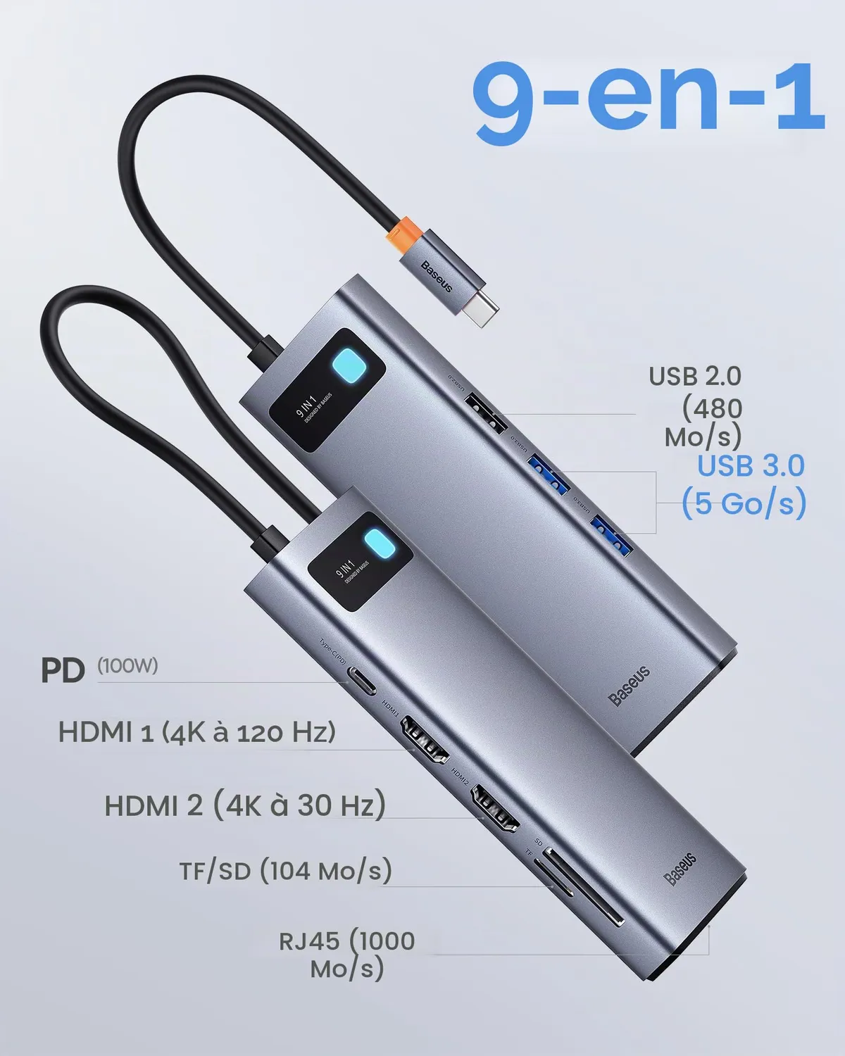 Baseus 9 en 1 Station d'Accueil USB-C 4K 120Hz 100W