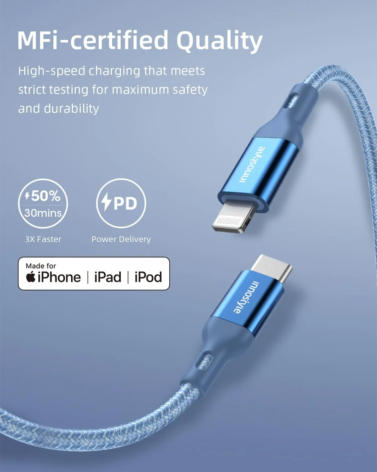 Innostyle PowerFlex USB-C Lightning câble bleu 2 m Kevlar