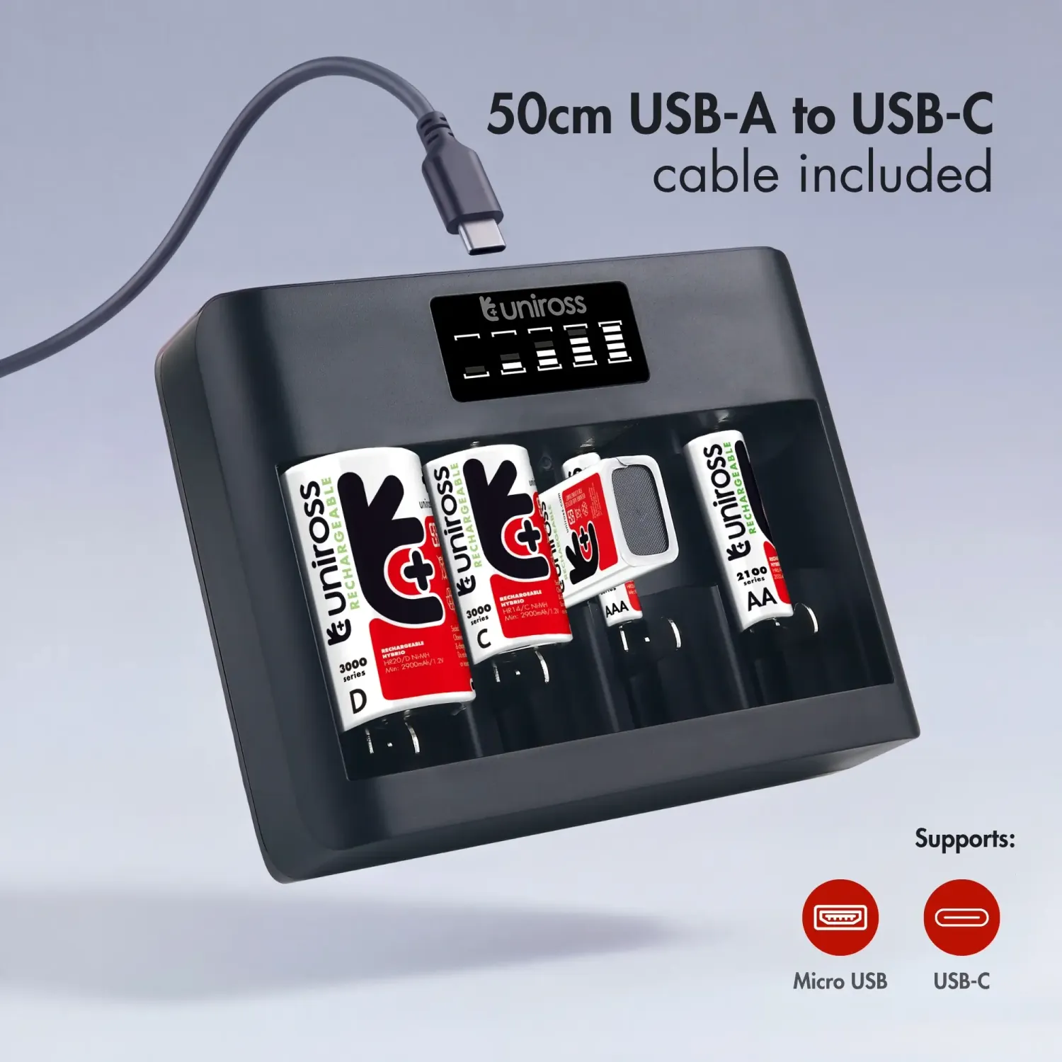 Uniross Universal chargeur piles AA AAA C D 9V USB-C