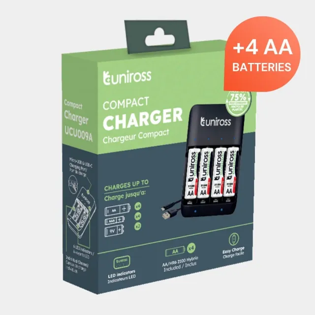 Uniross Compact chargeur piles AA AAA 9V + 4 AA