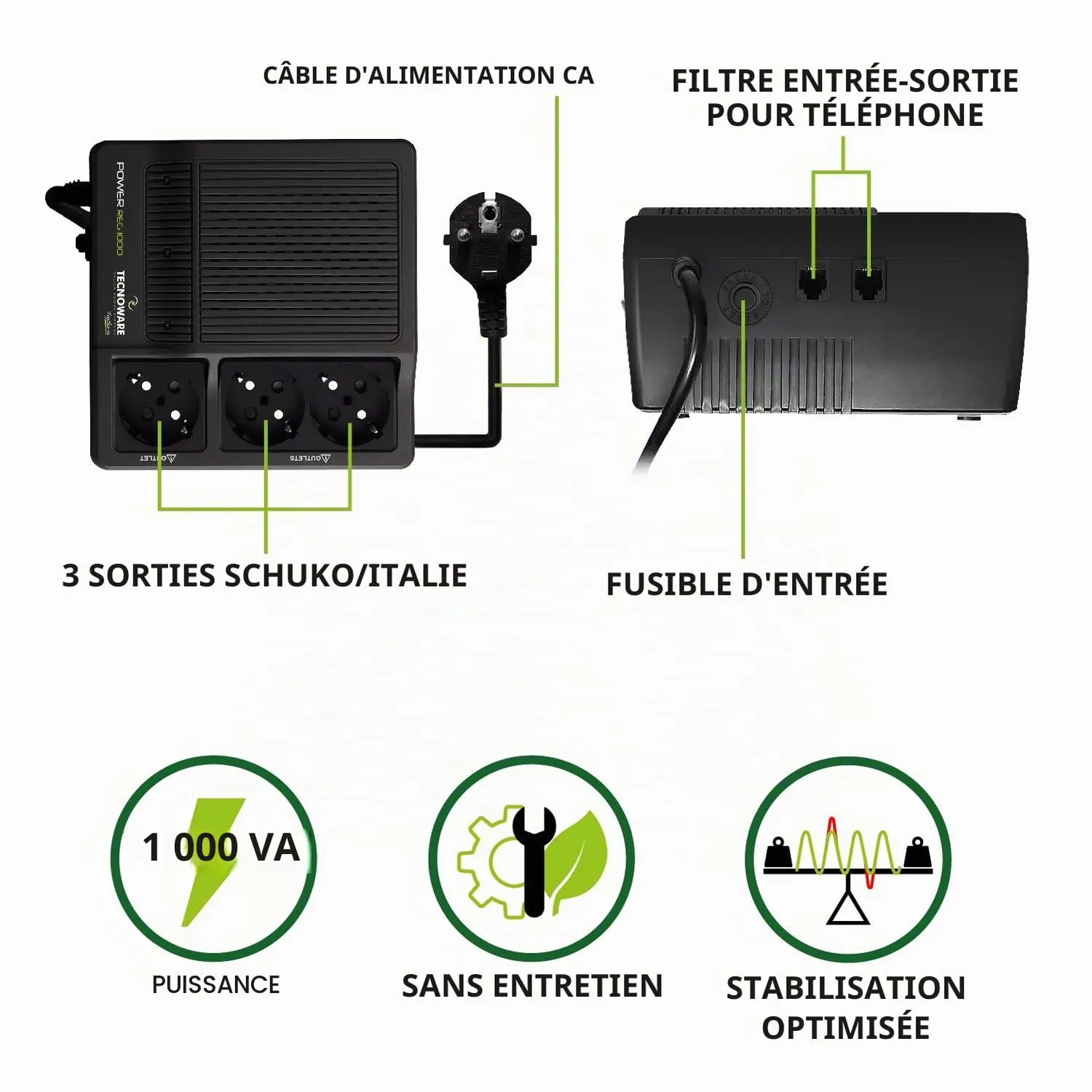 Tecnoware PowerReg 1000VA stabilisateur tension 3 prises