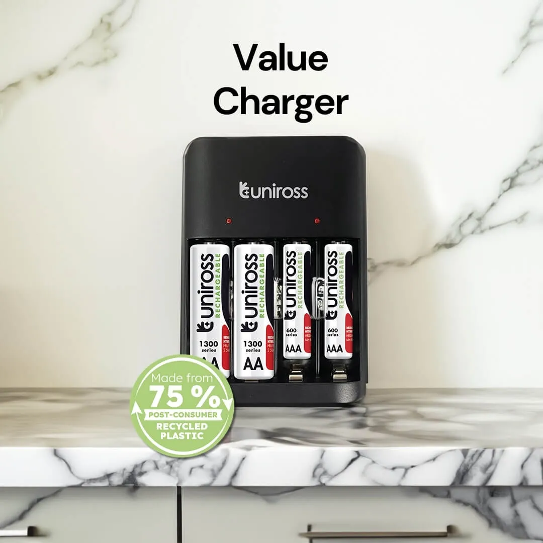 Uniross Compact chargeur piles AA AAA 9V + 4 piles AA
