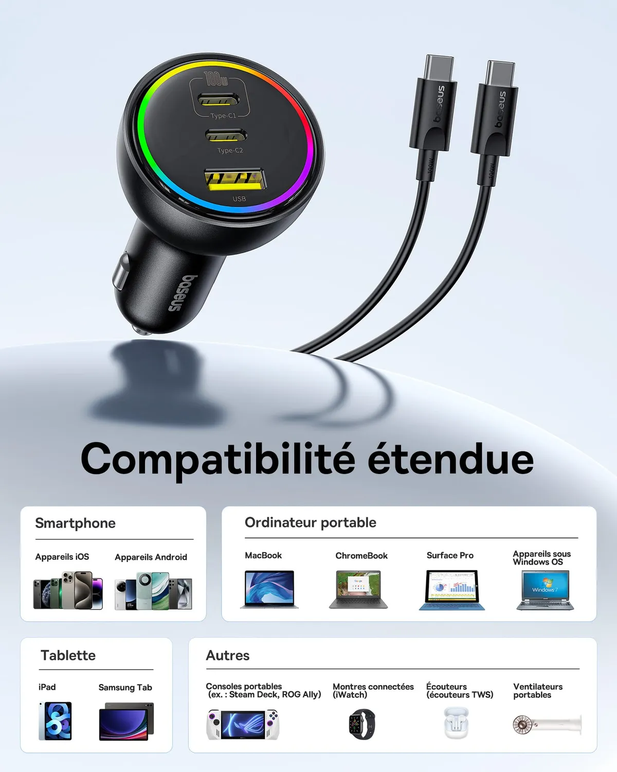 Baseus 152.5W chargeur allume-cigare USB-C 3 ports RGB avec câble 100 W