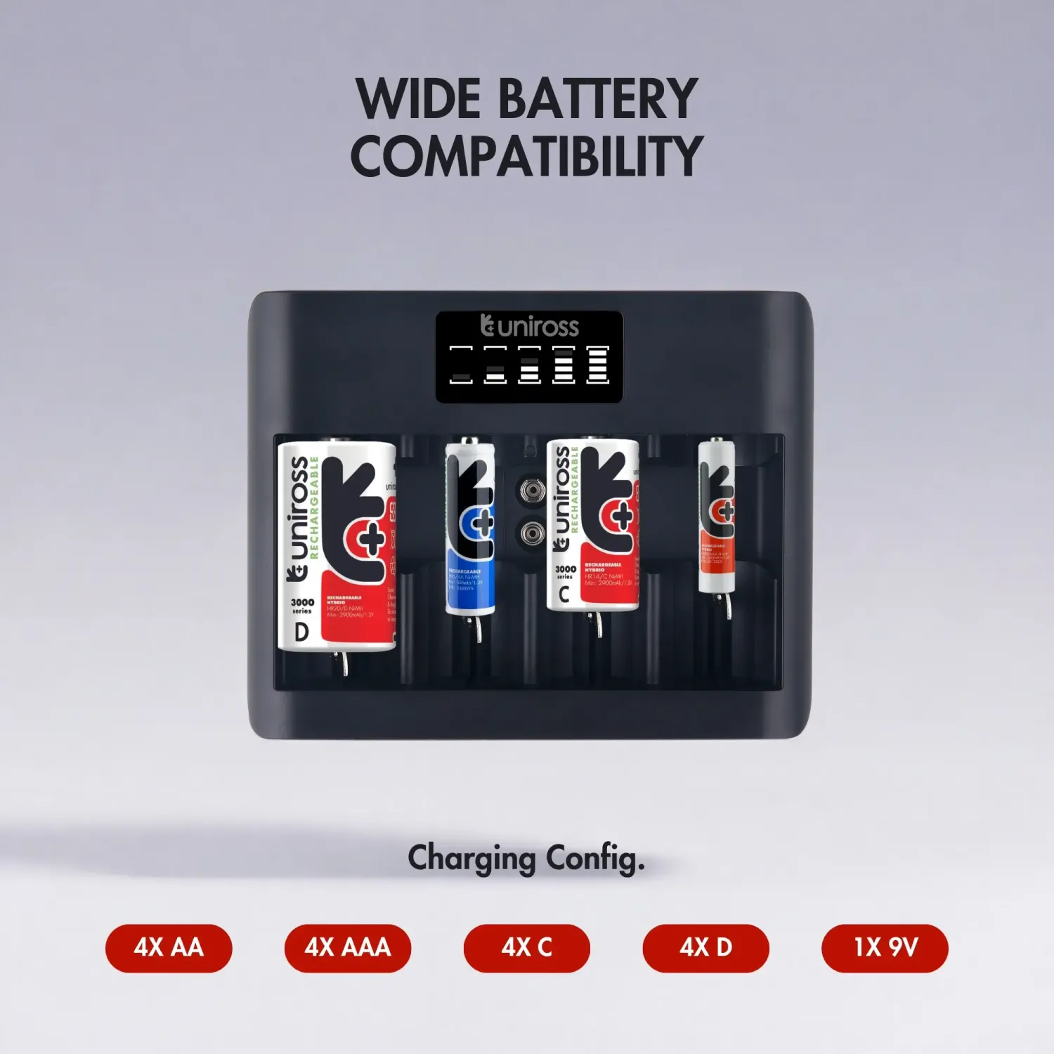 Uniross Universal chargeur piles AA AAA C D 9V USB-C