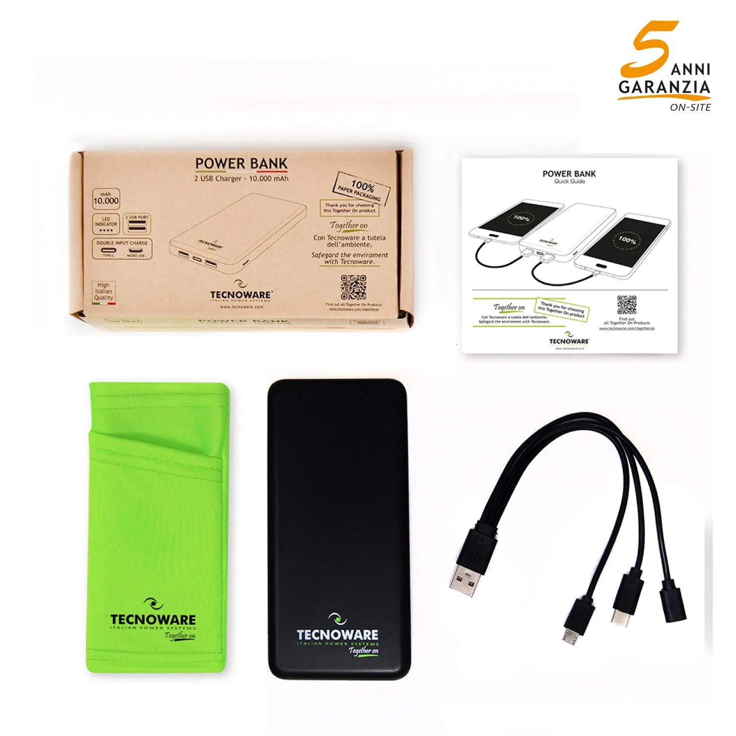 Tecnoware 10 000 mAh batterie externe 2 USB avec indicateur