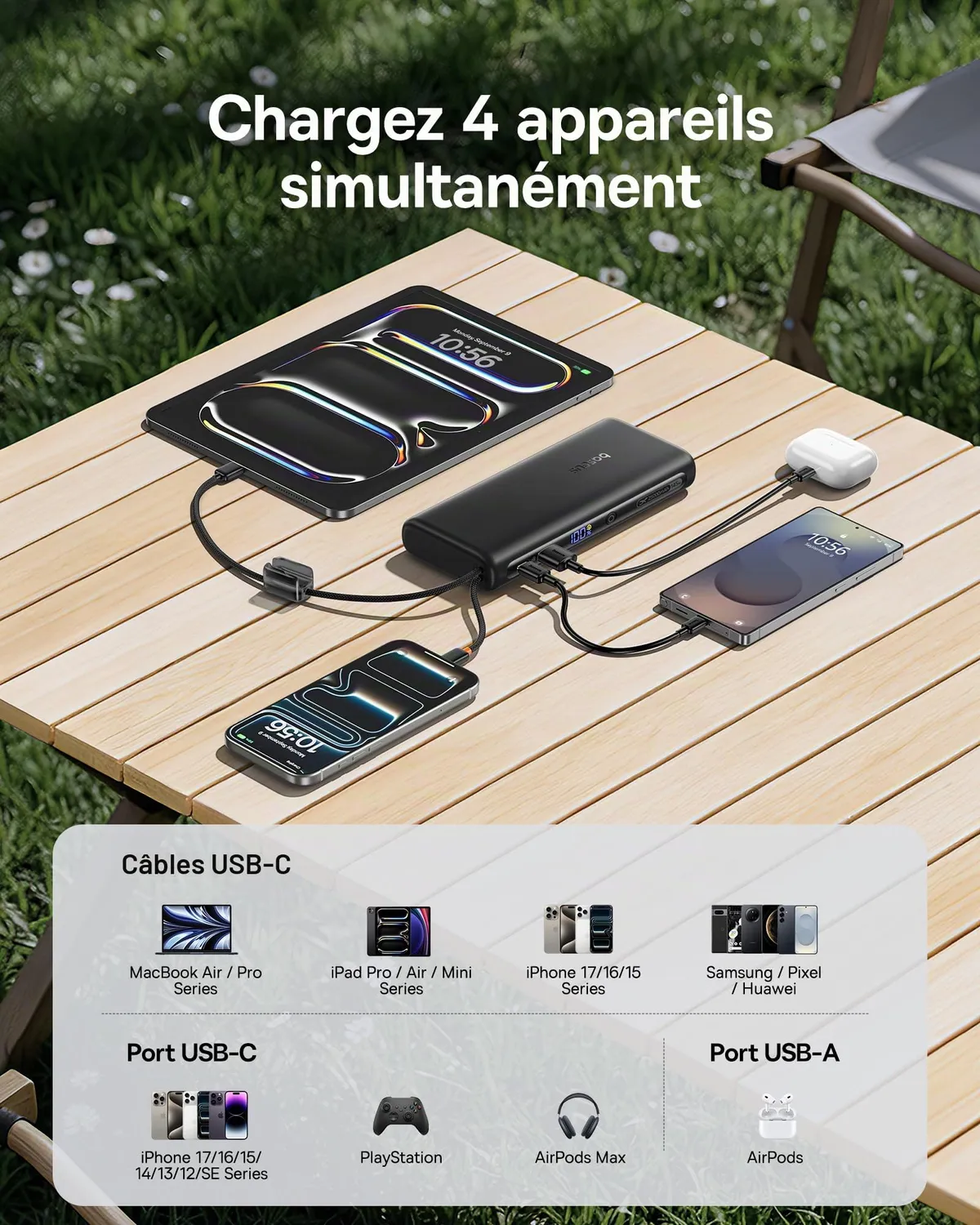 Baseus FC41 batterie externe 25 000 mAh 145 W avec câbles USB-C intégrés