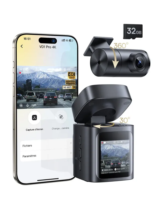 Baseus VD1 Pro dashcam avant arrière 4K 1080p solaire 32 Go