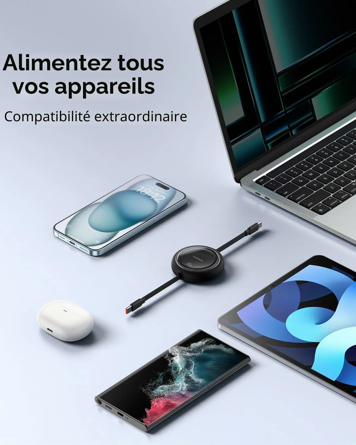 Baseus câble USB-C 100 W rétractable blanc 4 longueurs
