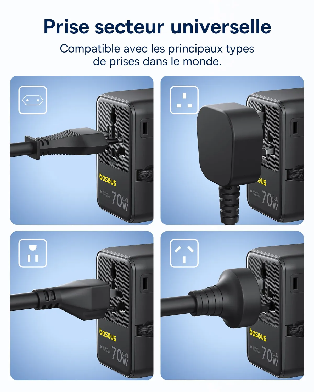 Baseus Enercore Adaptateur Voyage Universel 70W Rétractable