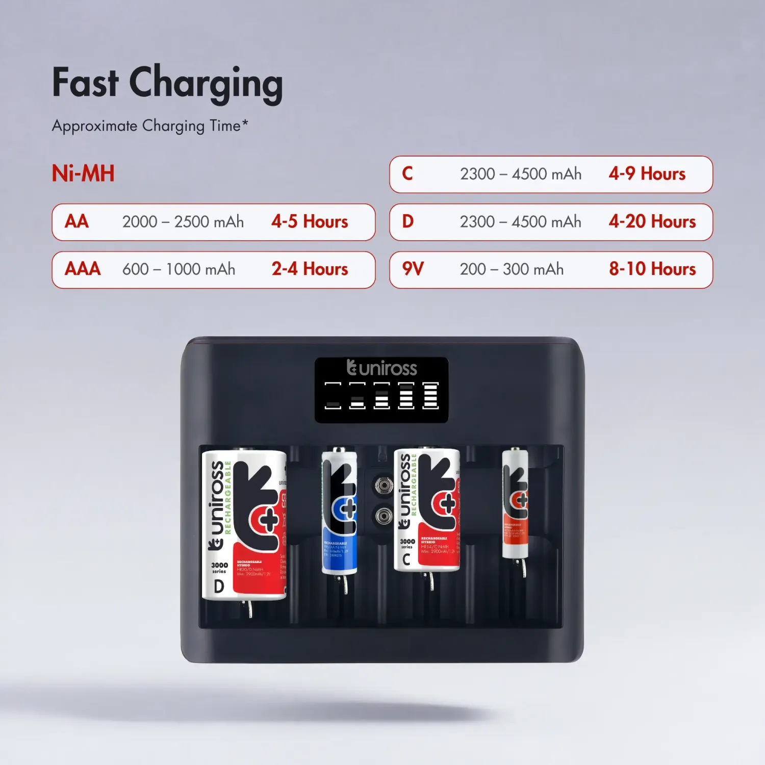 Uniross Universal chargeur piles AA AAA C D 9V USB-C