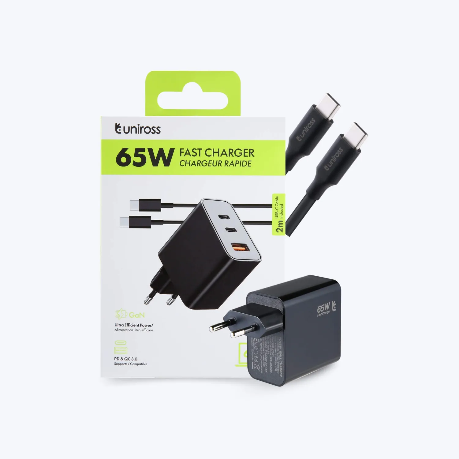Uniross 65W chargeur mural GaN 3 ports + câble 2m