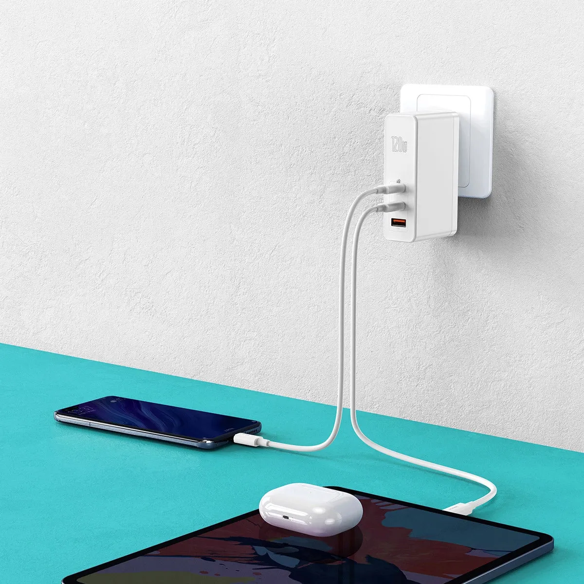 Baseus GaN2 Pro chargeur rapide 3 ports USB-C 120 W blanc