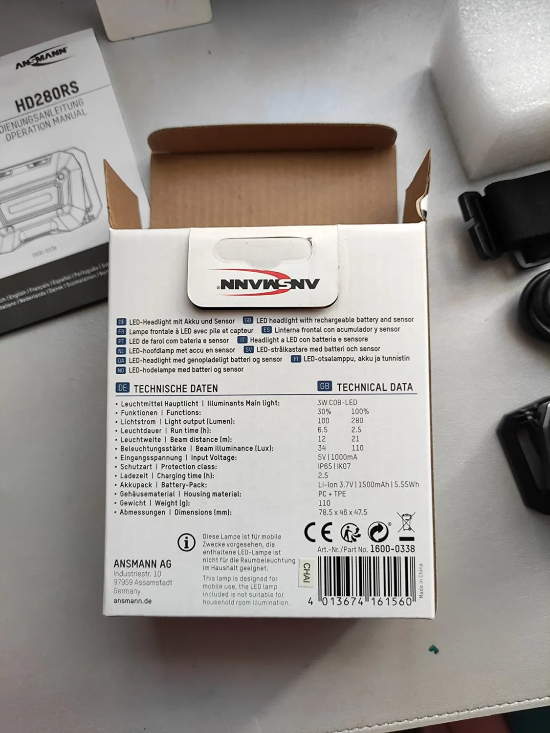 ANSMANN HD280RS lampe frontale rechargeable 280 lm étanche IP65