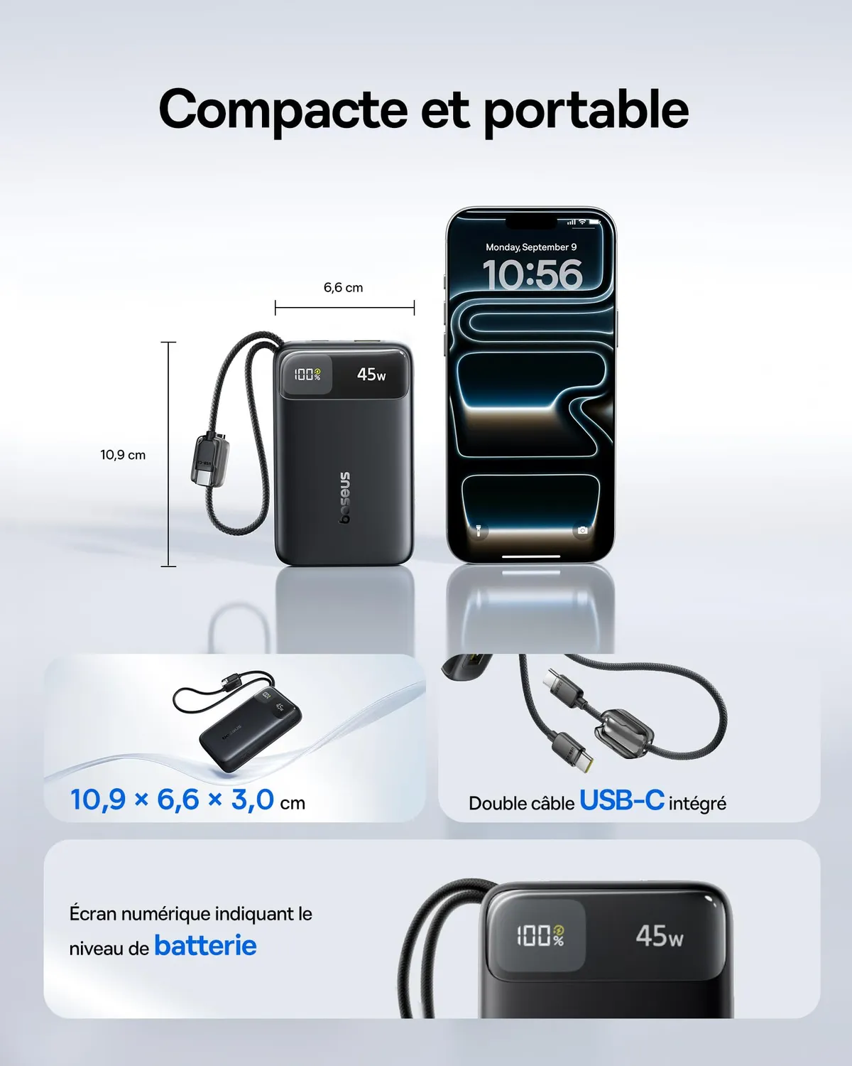 Baseus FC11 Powerbank batterie externe 20 000 mAh noire 45 W