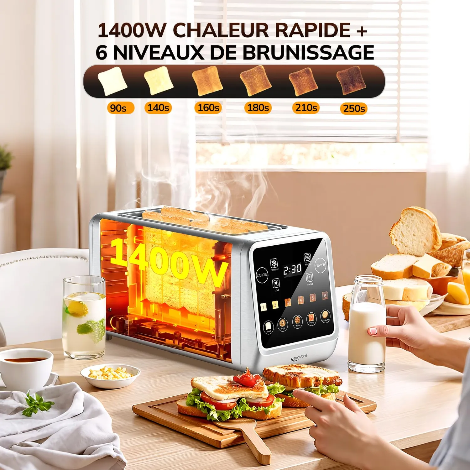 Keenstone grille-pain 4 tranches inox tactile L 2 fentes