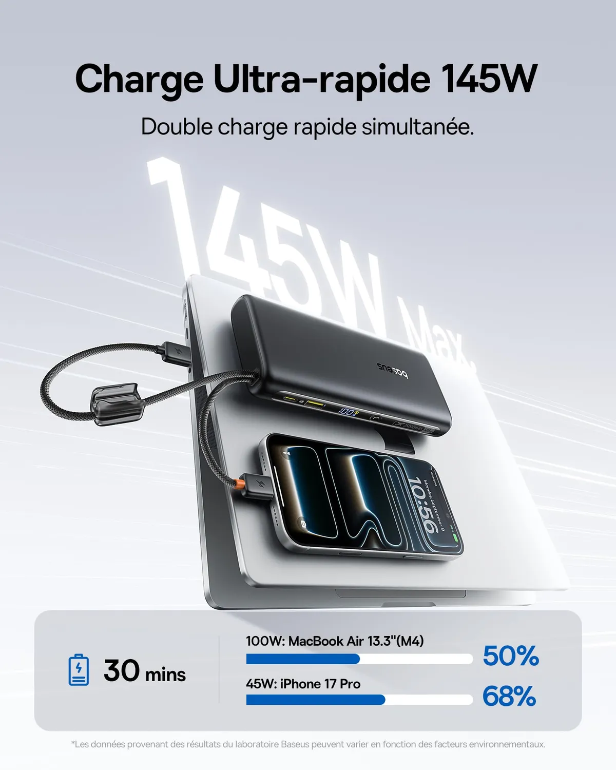 Baseus FC41 batterie externe 25 000 mAh 145 W avec câbles USB-C intégrés