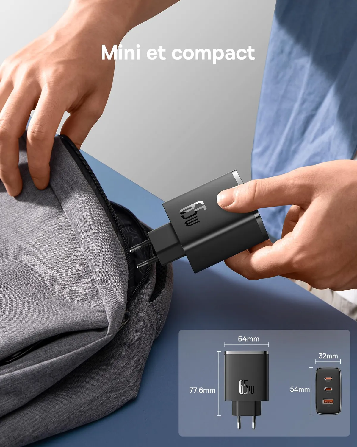 Baseus chargeur USB-C 65W GaN 3 ports PD PPS